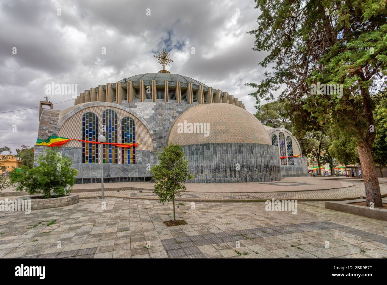 Famous cultural heritage Church of Our Lady of Zion in Axum. Ethiopian Orthodox Tewahedo Church built by Emperor Haile Selassie in the 1950s. Stock Photo