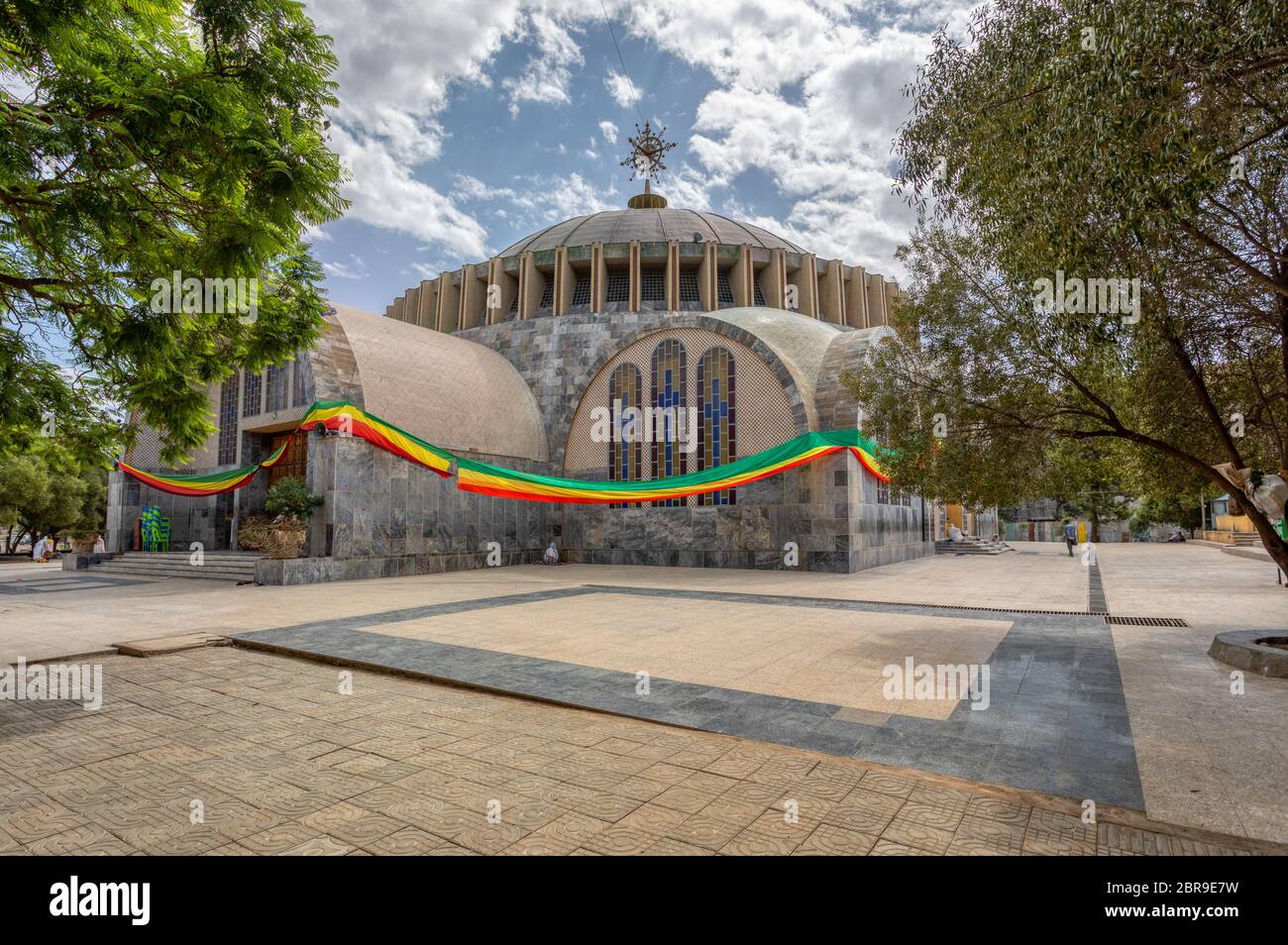 Famous cultural heritage Church of Our Lady of Zion in Axum. Ethiopian Orthodox Tewahedo Church built by Emperor Haile Selassie in the 1950s. Stock Photo