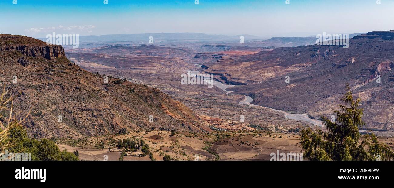 Beautiful mountain landscape with canyon and dry river bed, Oromia Region. Ethiopia wilderness landscape, Africa. Stock Photo