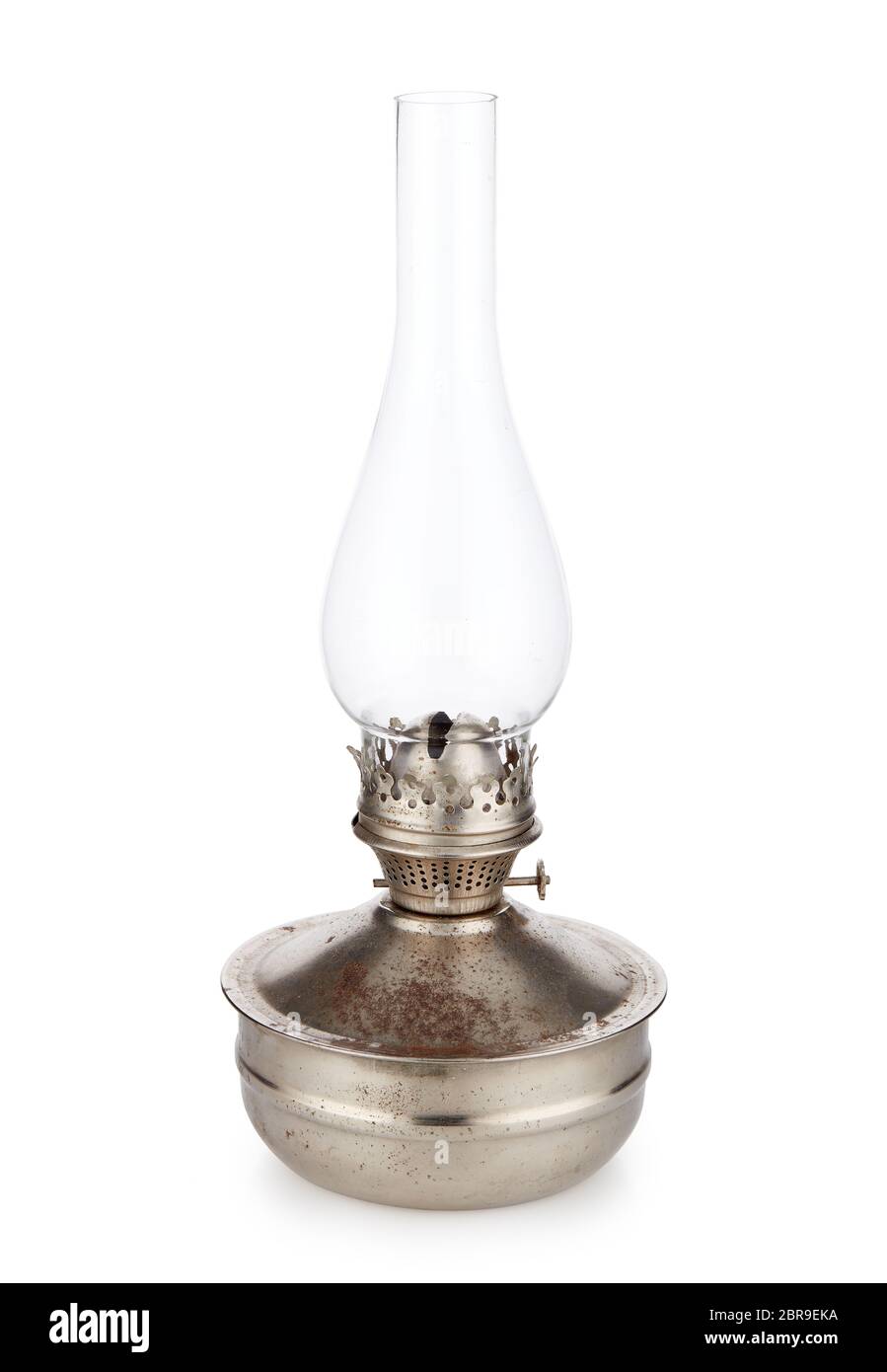 Oil lamp wick lantern made of glass and metal isolated on white