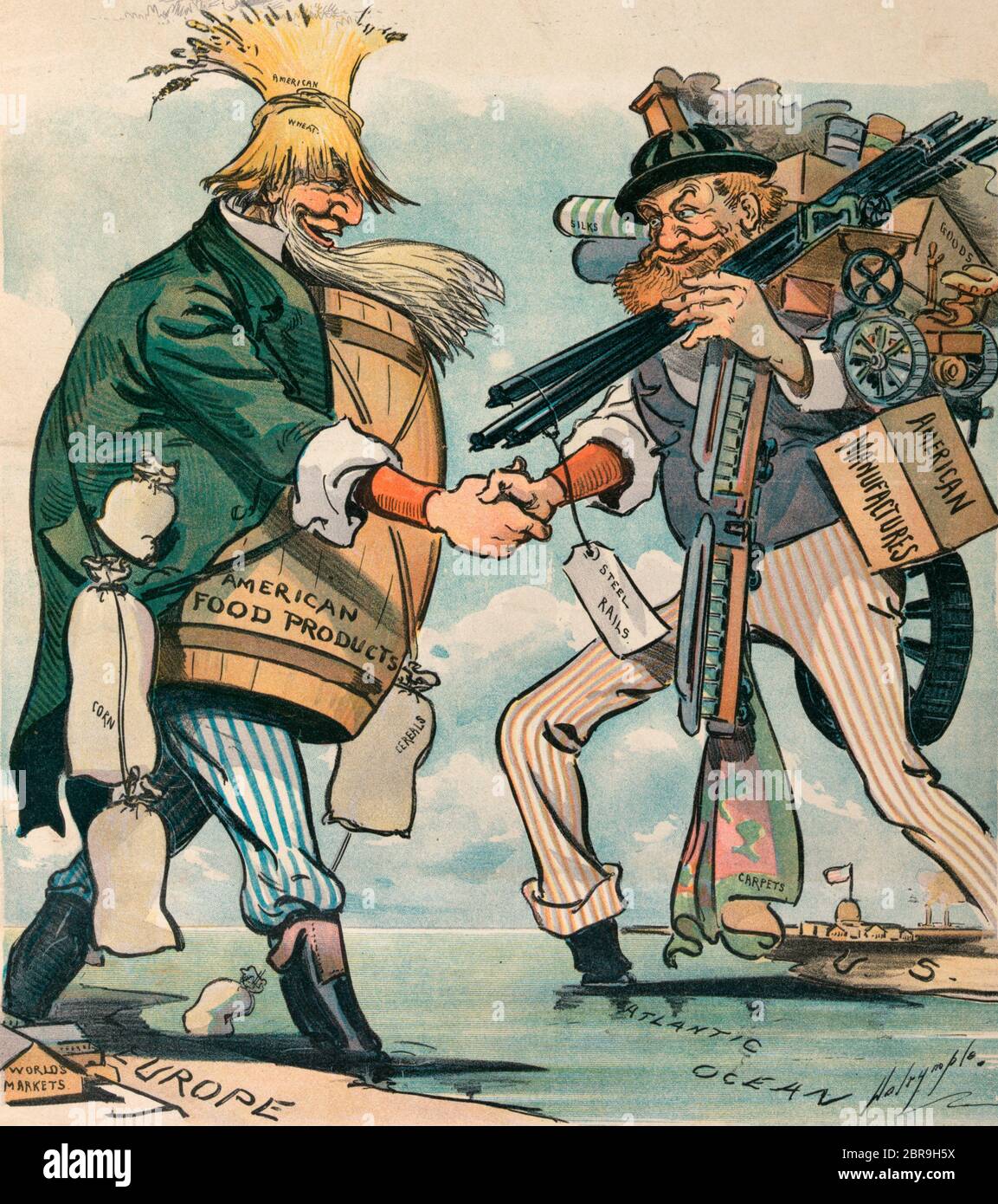 Americans abroad -  Illustration shows a man labeled American Food Products and laden with agricultural produce welcoming a man labeled American Manufactures laden with industrial products to Europe. Political Cartoon, 1901 Stock Photo