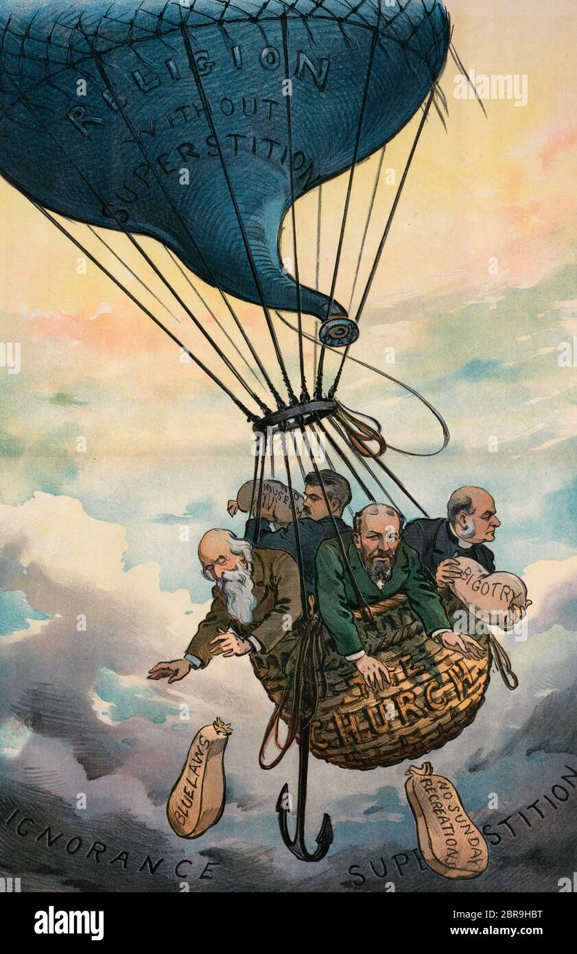 Getting into the light - Illustration shows four men in the basket labeled 'The Church' of a hot-air balloon labeled 'Religion without Superstition' throwing out sandbags labeled 'No Museum, Blue Laws, Bigotry, and No Sunday Recreations' that are used for ballast, enabling them to soar higher, above dark clouds labeled Ignorance and Superstition. Political Cartoon, 1901 Stock Photo