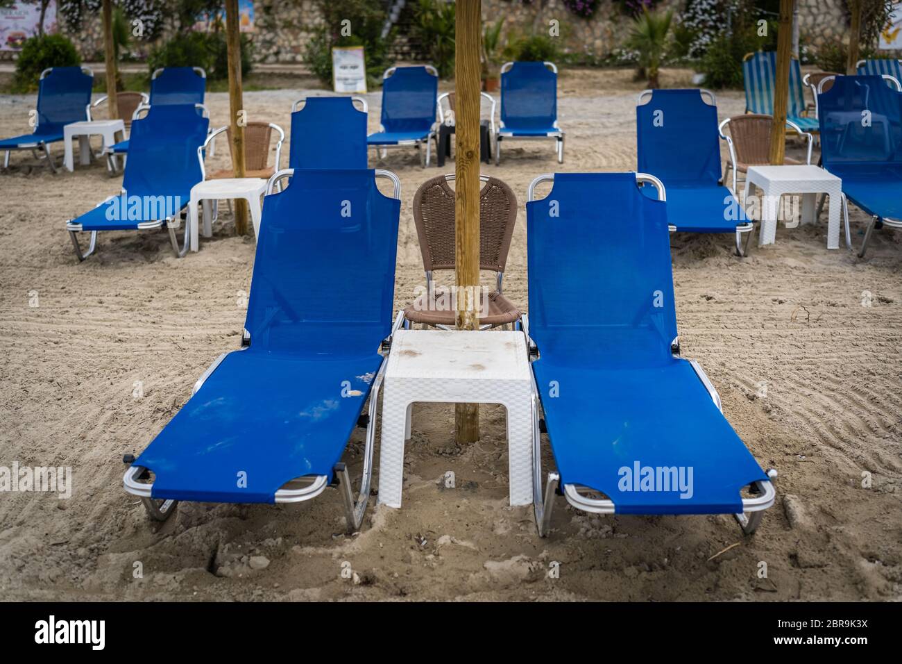 Empty deckchairs before the start of a touristic season on an Alykes beach in Zante, Greece Stock Photo