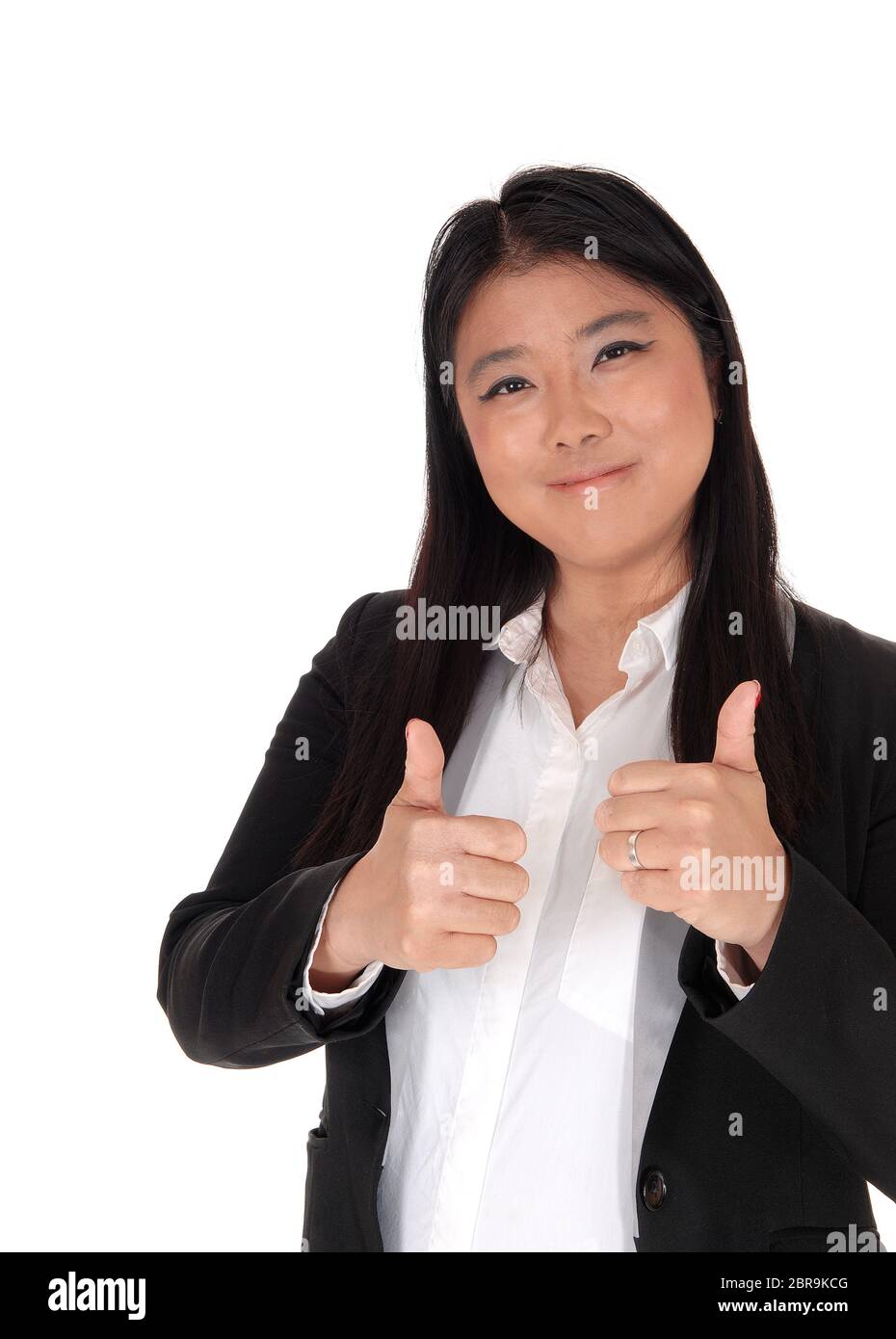 A smiling and happy Chinese woman in a black suit lifts up both of her  thumbs is exited to chow her success, isolated for white background Stock  Photo - Alamy