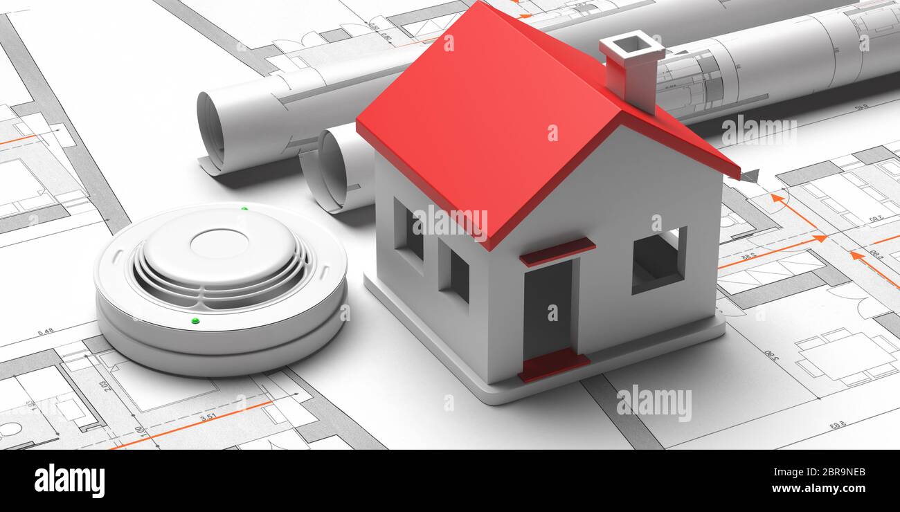 Fire safety system, home emergency evacuation. Smoke detector and small house on blueprint drawing background. Domestic fire protection. 3d illustrati Stock Photo