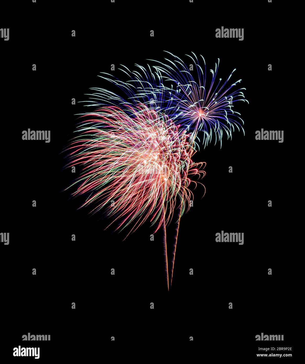 Colorful exploded fireworks display,  isolated on black background Stock Photo