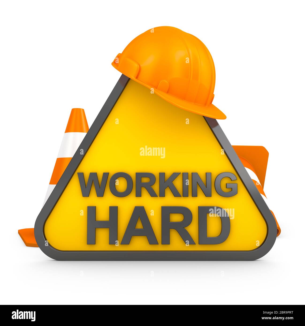 Yellow road sign with the words "working hard." 3D render Stock Photo