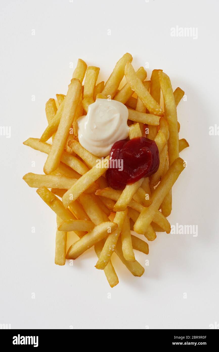 portion of golden fried potato chips, pommes frites or French fries