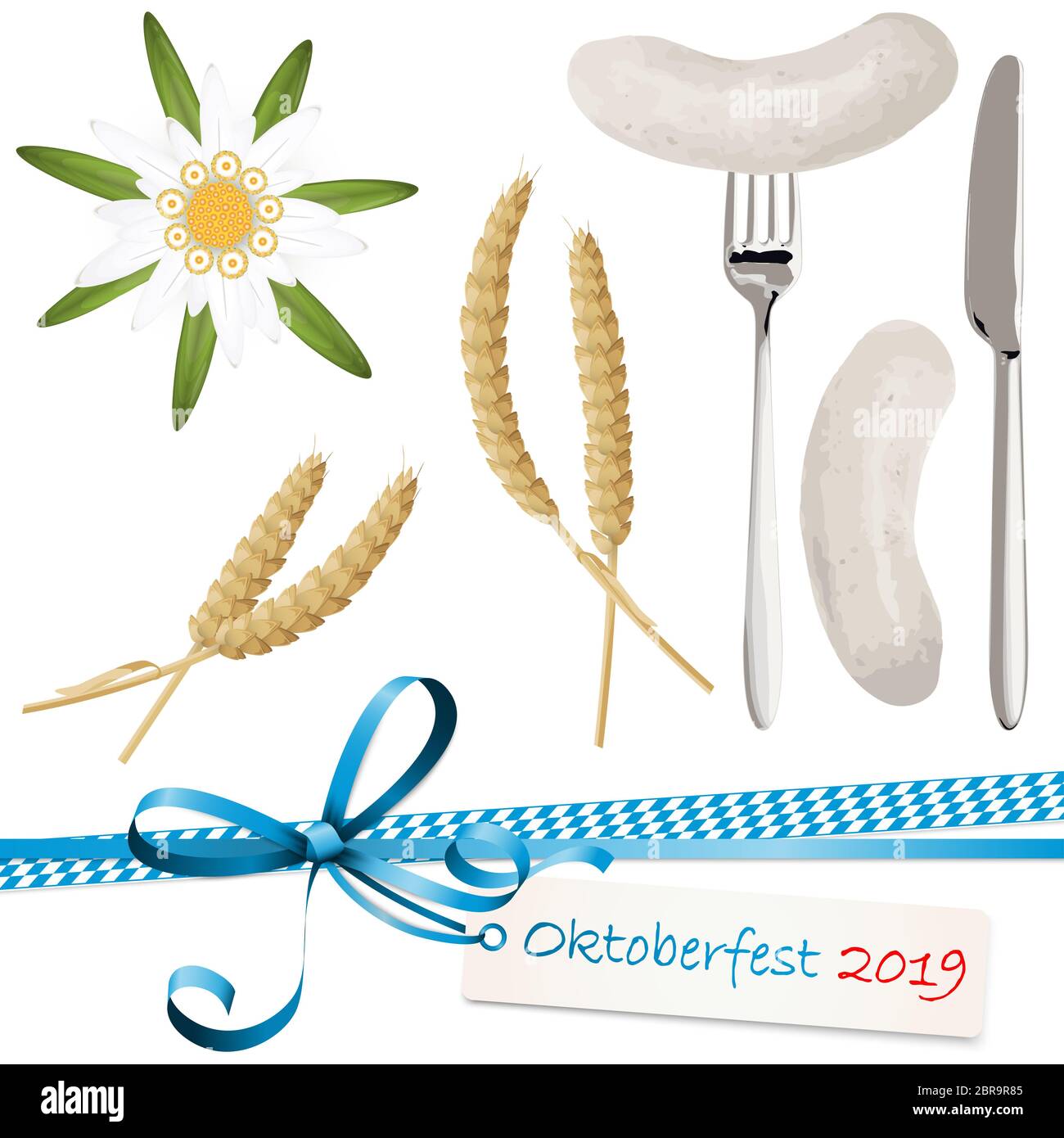 collection of typical illustrated Oktoberfest objects, Edelweiss flower, wheat, white sausage with spoon and knife and ribbon bow with hang tag for be Stock Photo