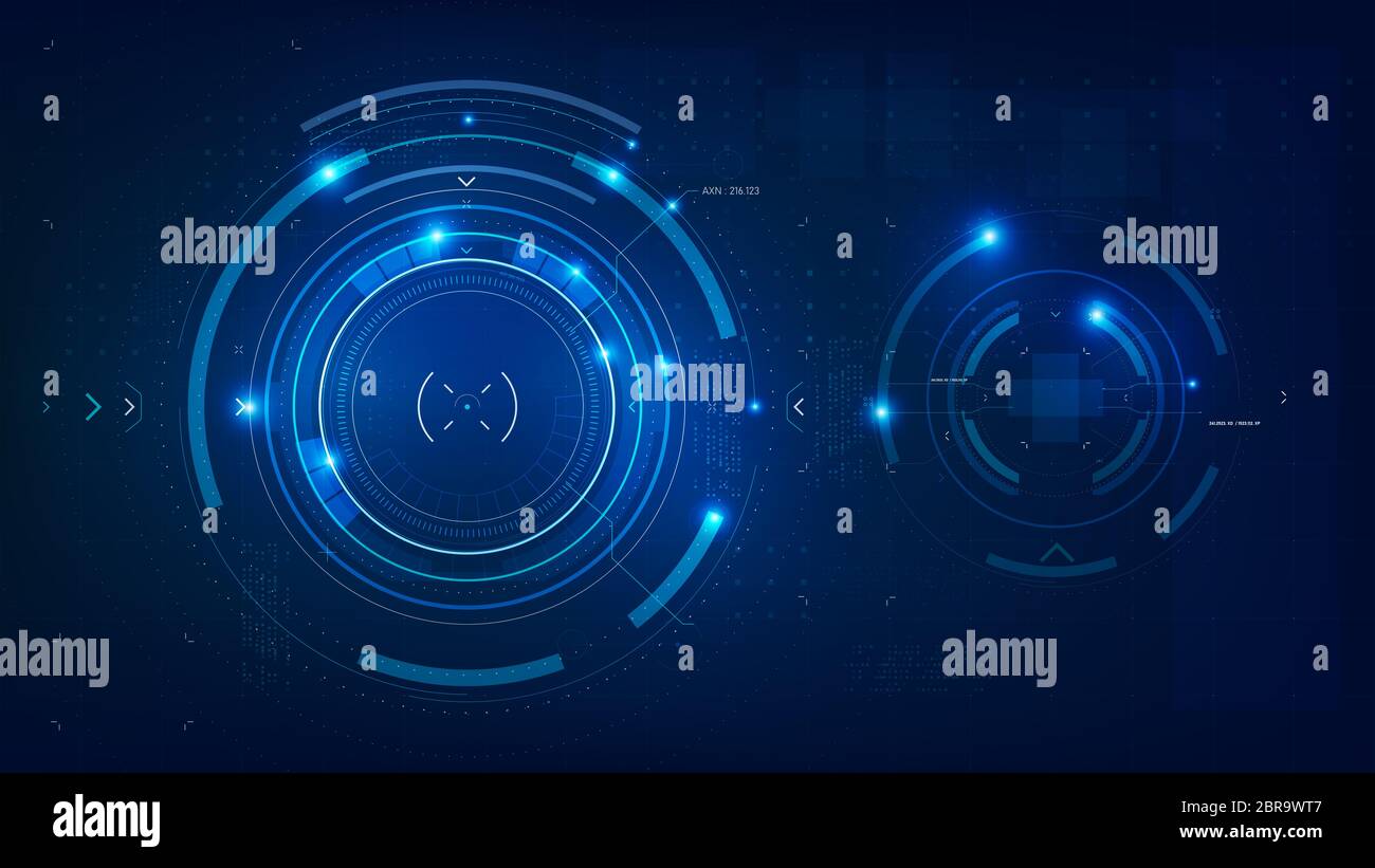Futuristic and technology dark blue background, Circle HUD head-up display interface for communication and innovation cyber concept, with line arrow g Stock Photo
