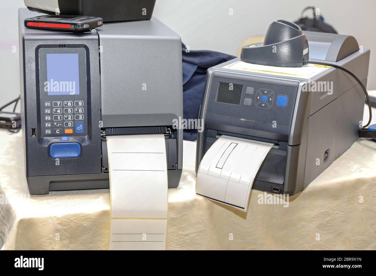 Two Barcode Label Printers Equipment for Distribution Warehouse Stock Photo