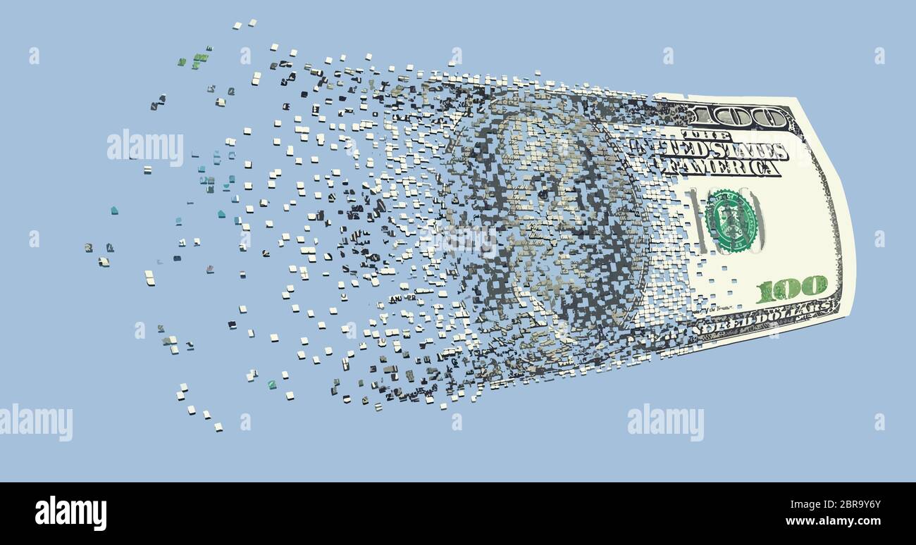 A one hundred dollar bill breaks into pixels. The illustration speaks to wireless online financial transactions that have become commonplace. Isolated Stock Vector