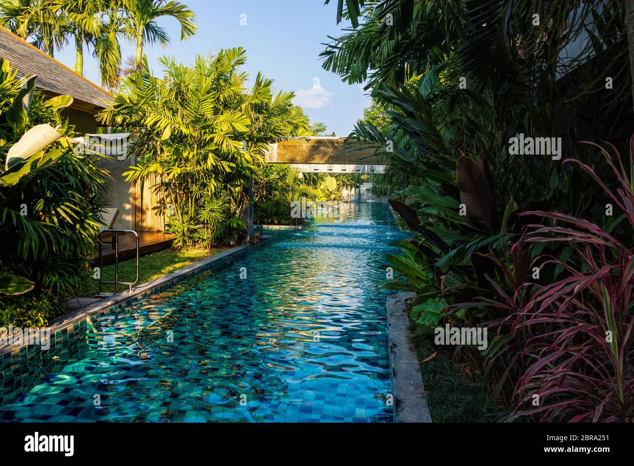 Empty, beautifully illuminated by sun long swimming pool with fountain ...