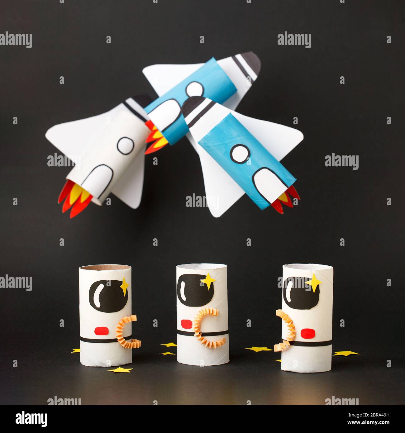 School kindergarten crafts, paper spaceship, shuttle, astronaut on