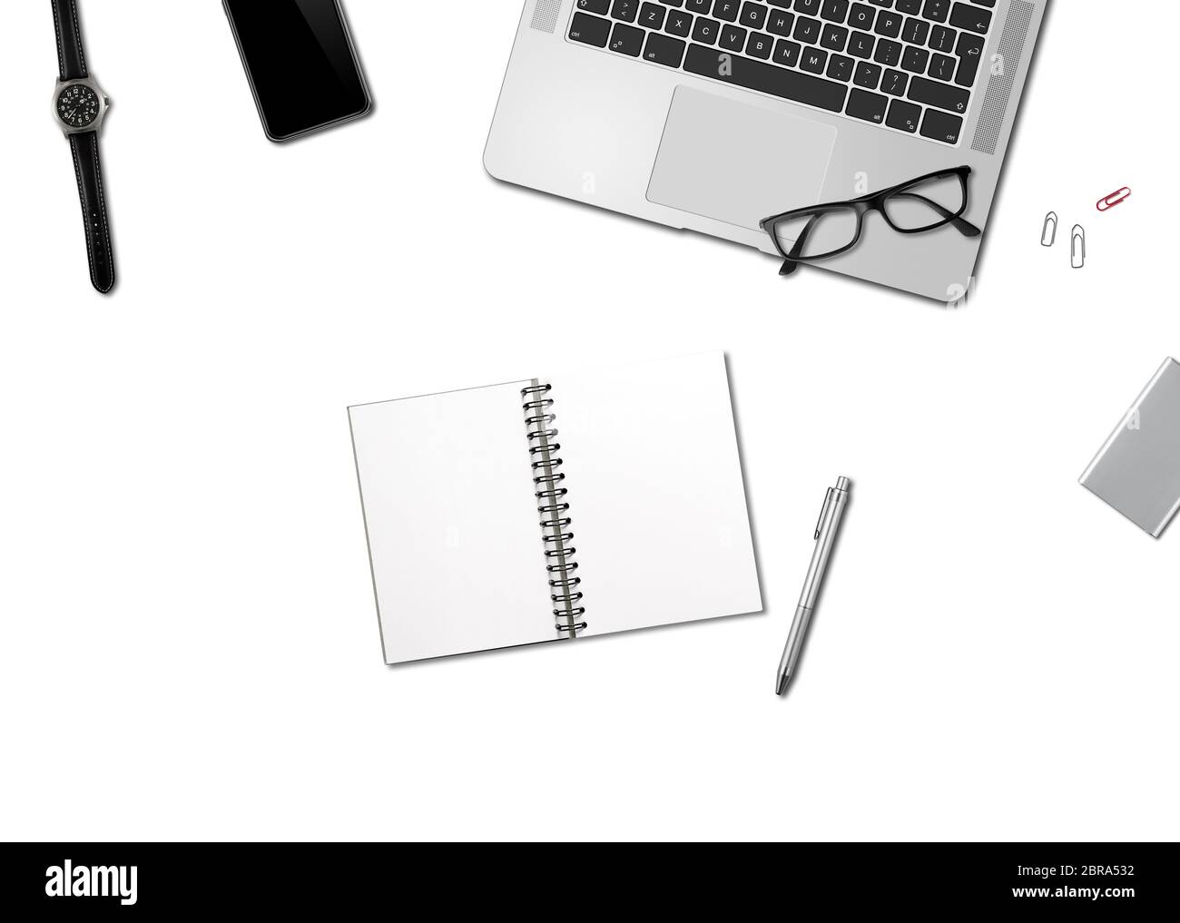 Modern office desk mockup top view isolated on white Stock Photo - Alamy