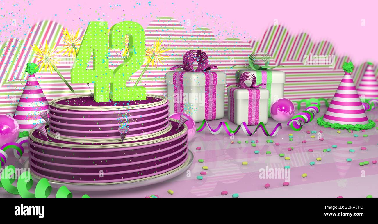 Purple round 42 birthday cake decorated with colorful sparks and pink lines on a bright table with green streamers, party hats and gift boxes with pin Stock Photo