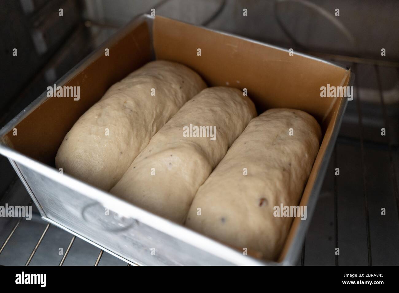 Dough rising inside oven, process bread proofing Stock Photo Alamy
