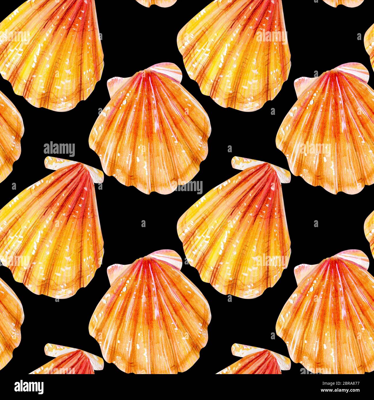 Seamless pattern of yellow scallops. Beige bivalve mollusk Pectinidae