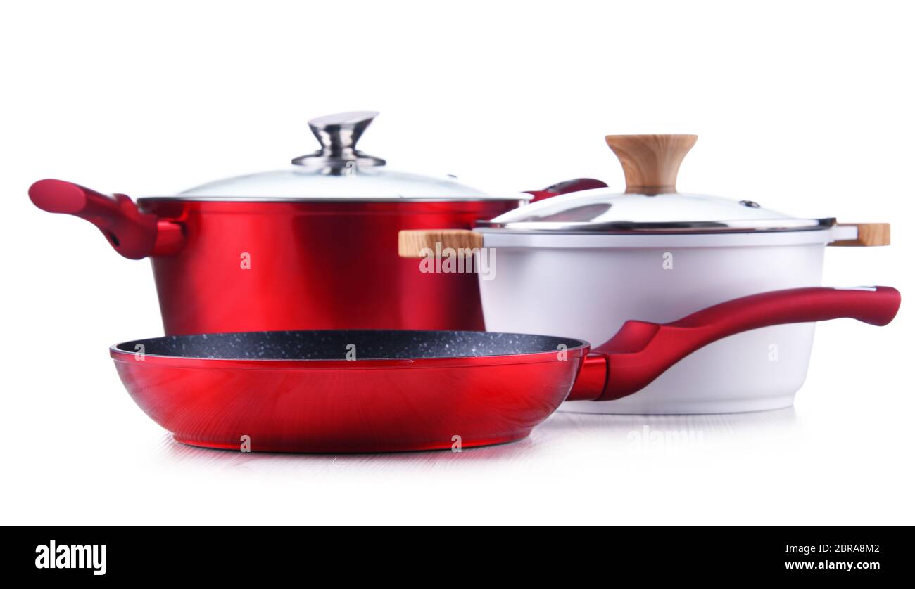 Frying pan and steel pots isolated on white background Stock Photo Alamy