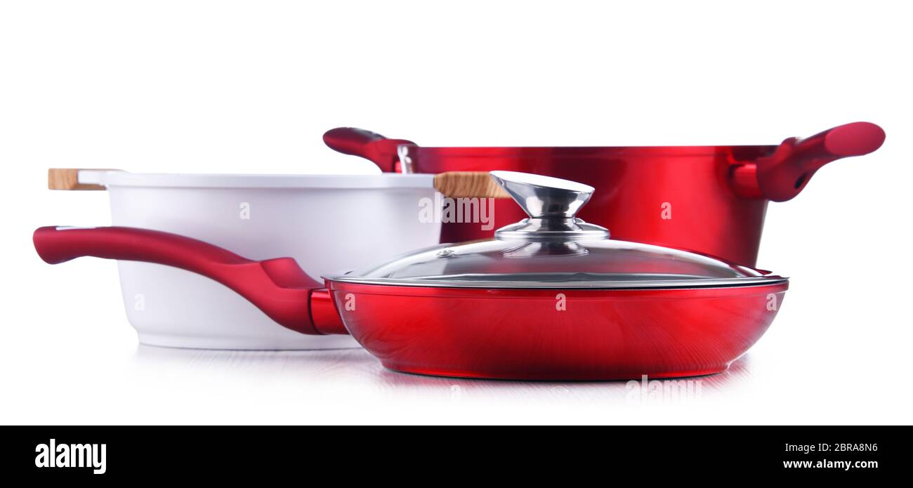 Frying pan and steel pots isolated on white background Stock Photo Alamy