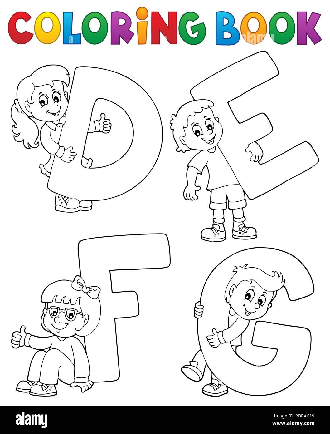 Coloring book children with letters DEFG - picture illustration Stock
