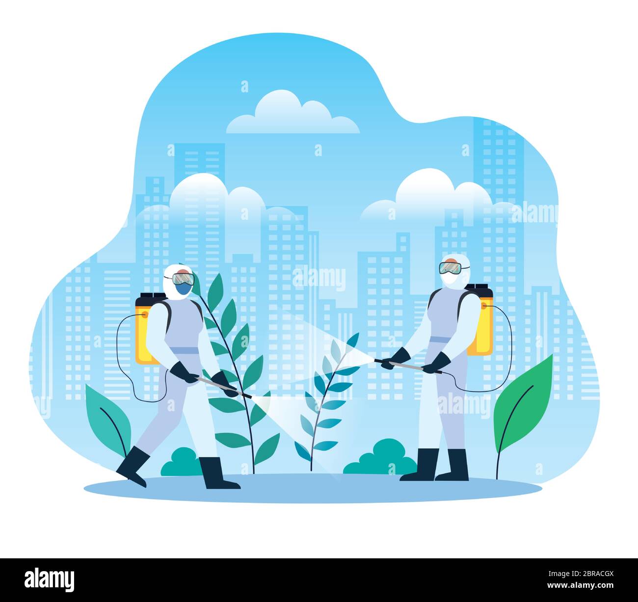 people with protective suit or spraying viruses of covid 19, desinfection virus concept Stock Vector