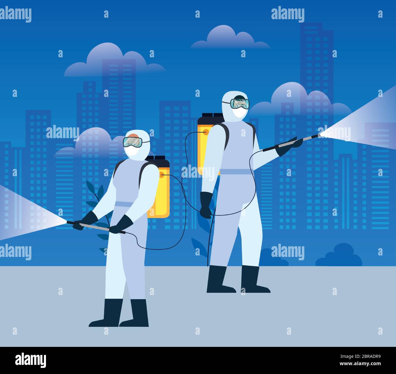 people with protective suit or spraying viruses of covid 19, desinfection virus concept Stock Vector