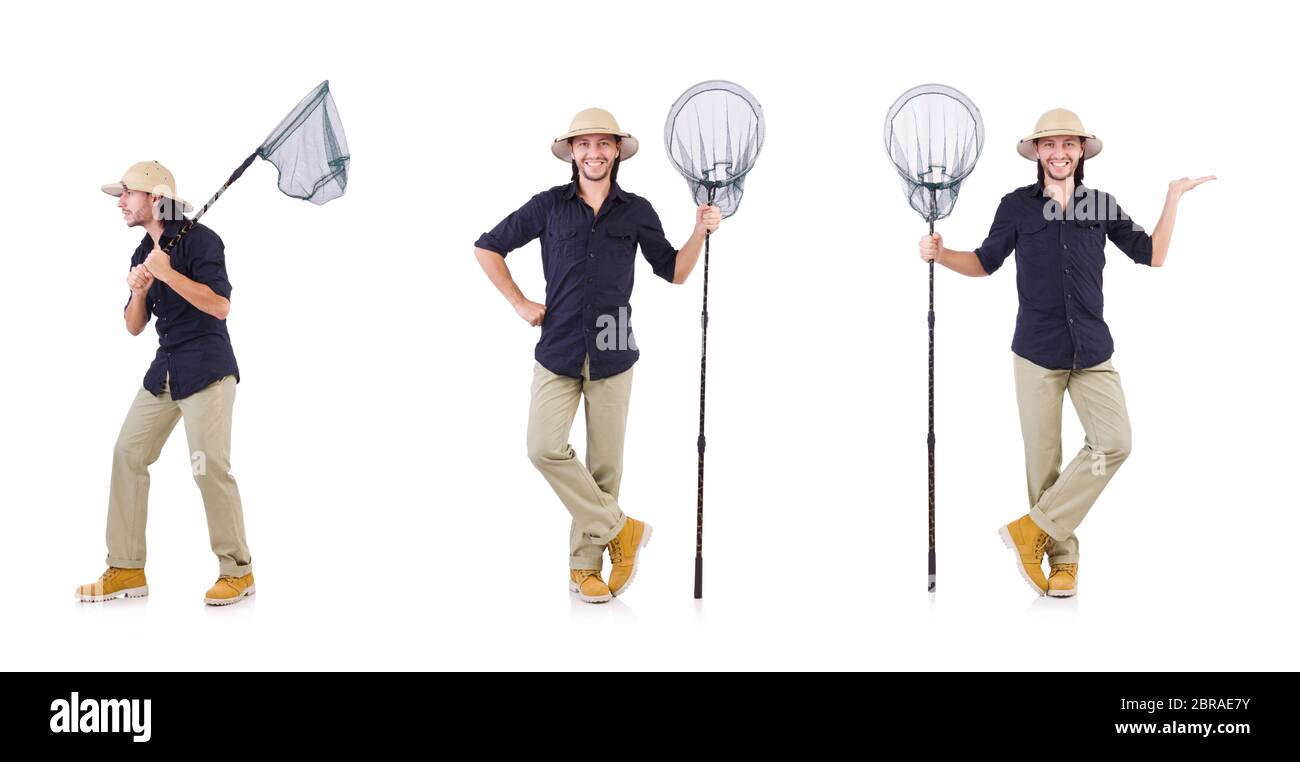 The funny guy with catching net on white Stock Photo - Alamy
