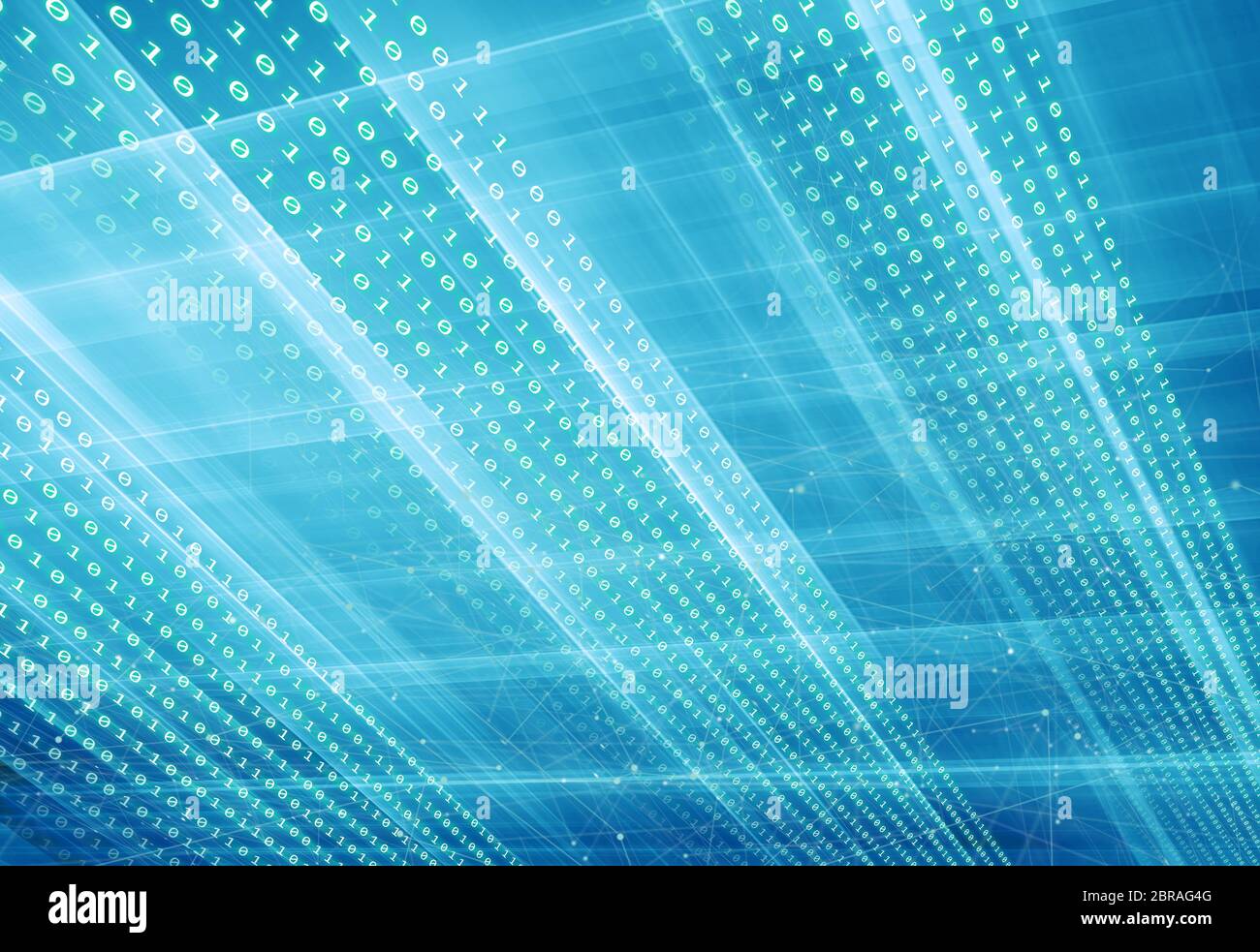 Multiple rows of digital binary codes blue theme background. Digital technology concept with connection lines. Stock Photo