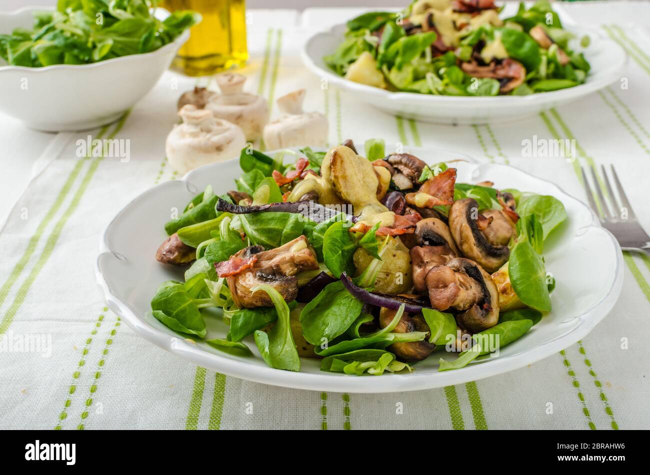 Salad with new potatoes and blue cheese, bacon, olive oil and great