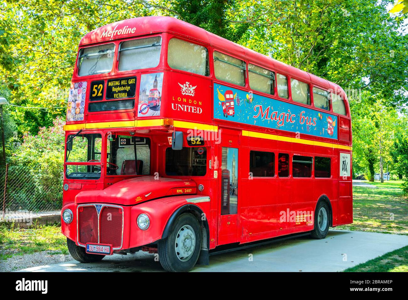 Famous English Old Double Decker bus seen in Park near Dubrovnik, Croatia Stock Photo