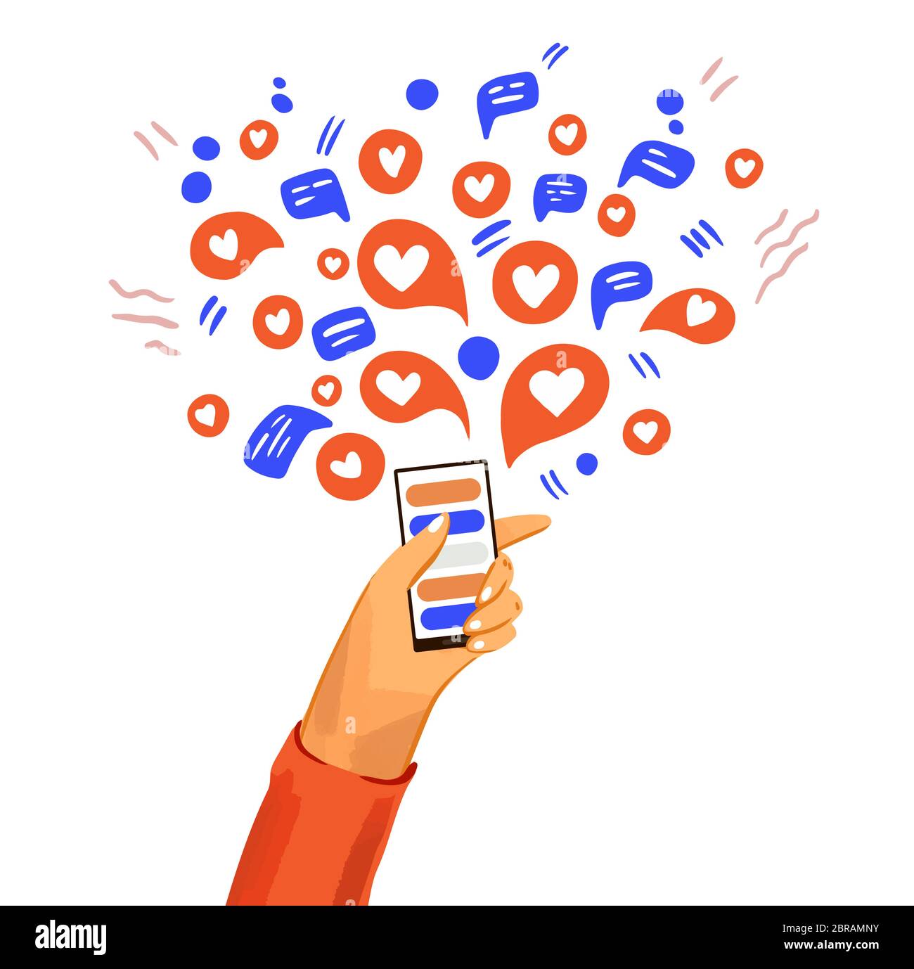 Hand with phone vector cartoon illustration. Smartphone with messenger, online chat, like, message signs, icons and social engagement. Happy friendly Stock Vector