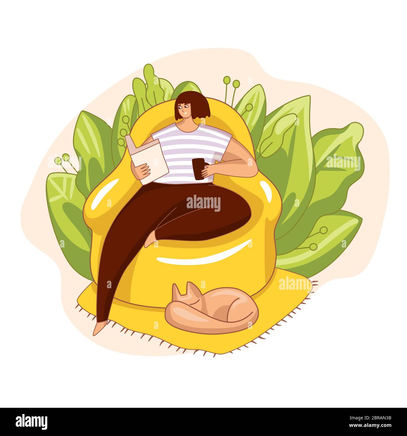 Girl sitting in armchair, reading a book, drinking a coffee with cat aroud. Cozy vector illustration of reading woman in a chair, spending time for Stock Vector