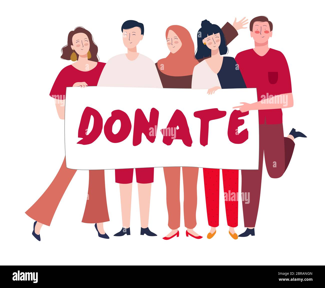 Volunteers campaign holding banner to invite people make donation modern flat cartoon style. Stock Vector
