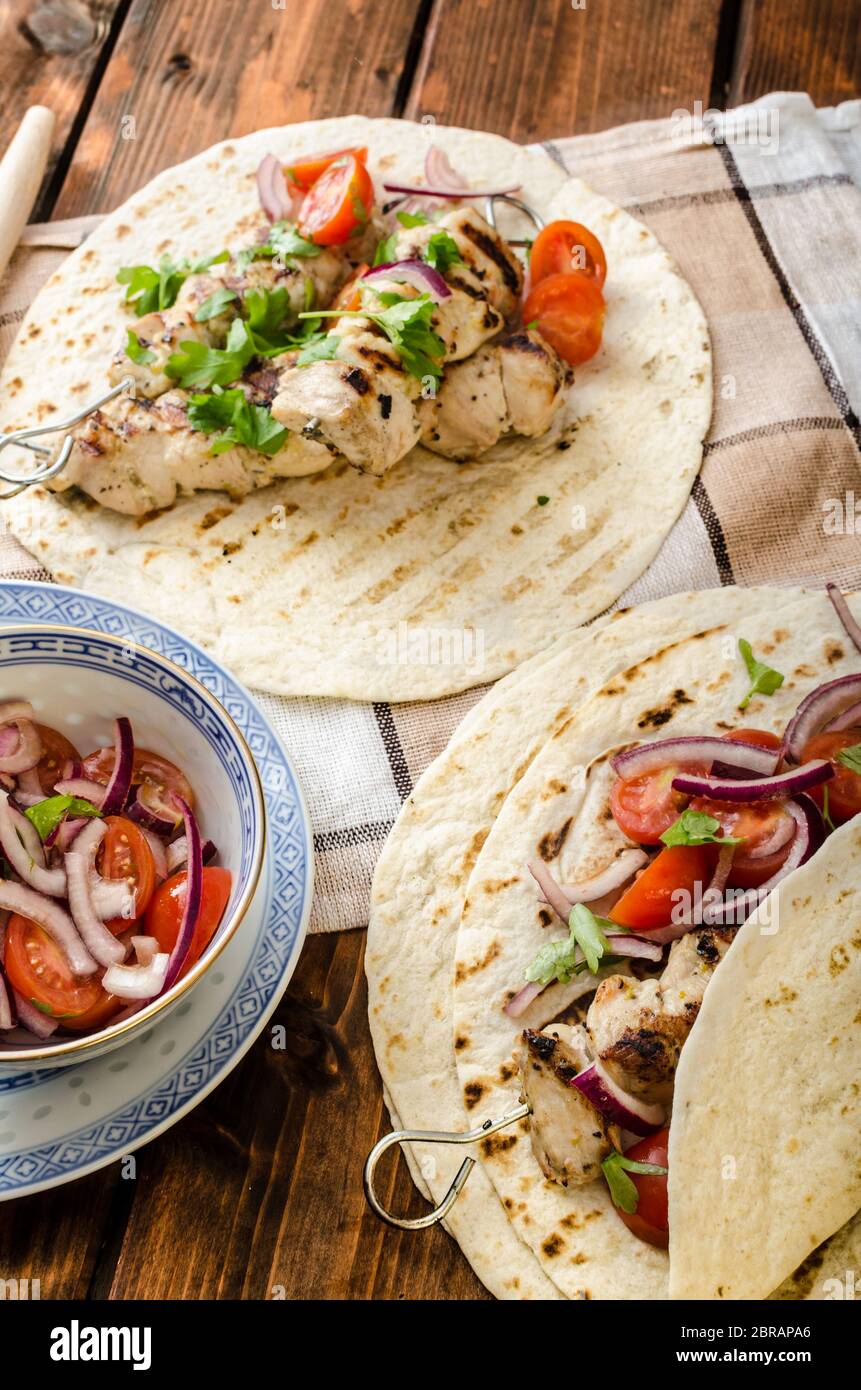 Turkey kebab with parsley salsa, kebab grilled, delicious salsa Stock