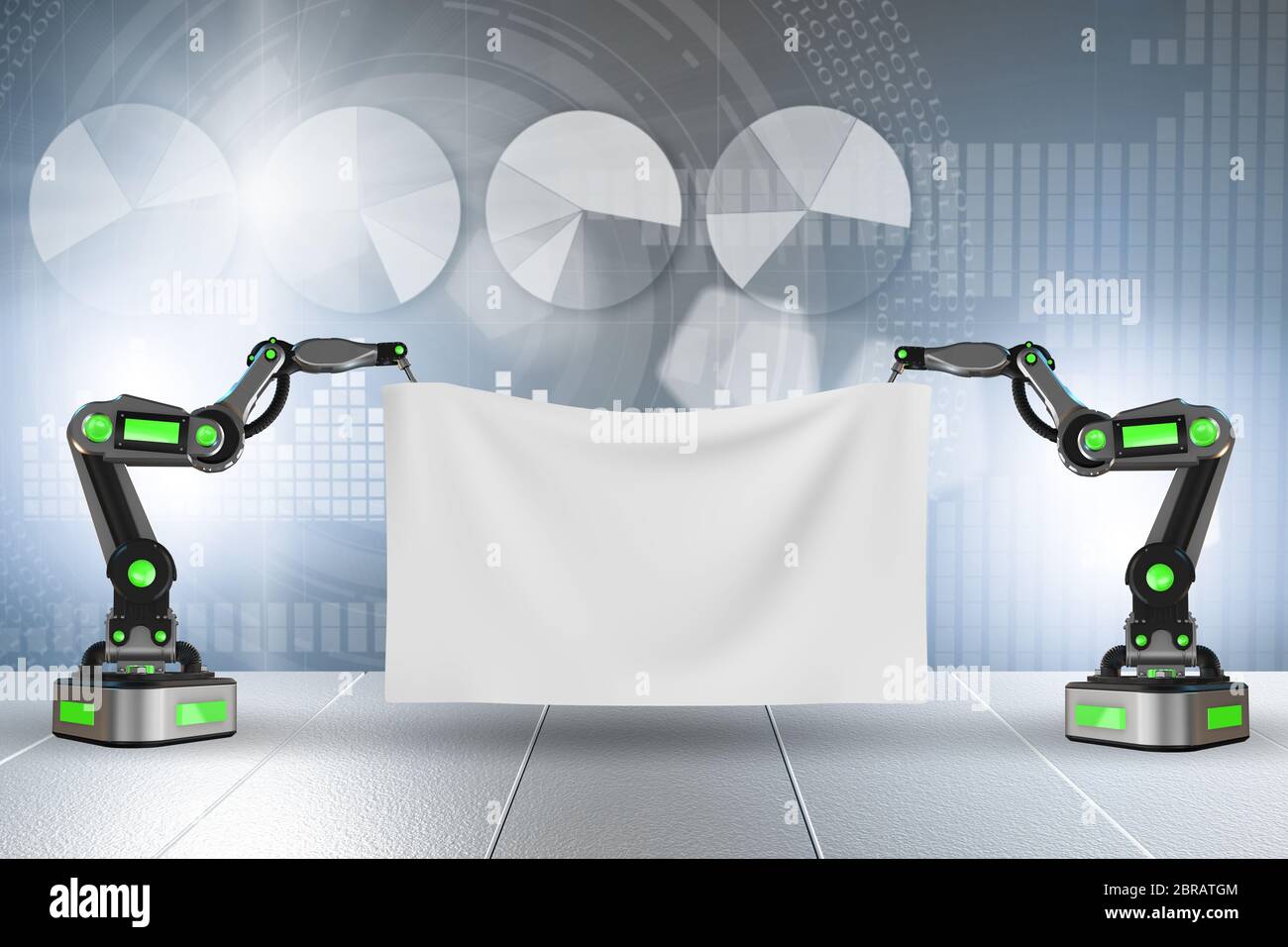 Blank poster supported by the robotic arms Stock Photo
