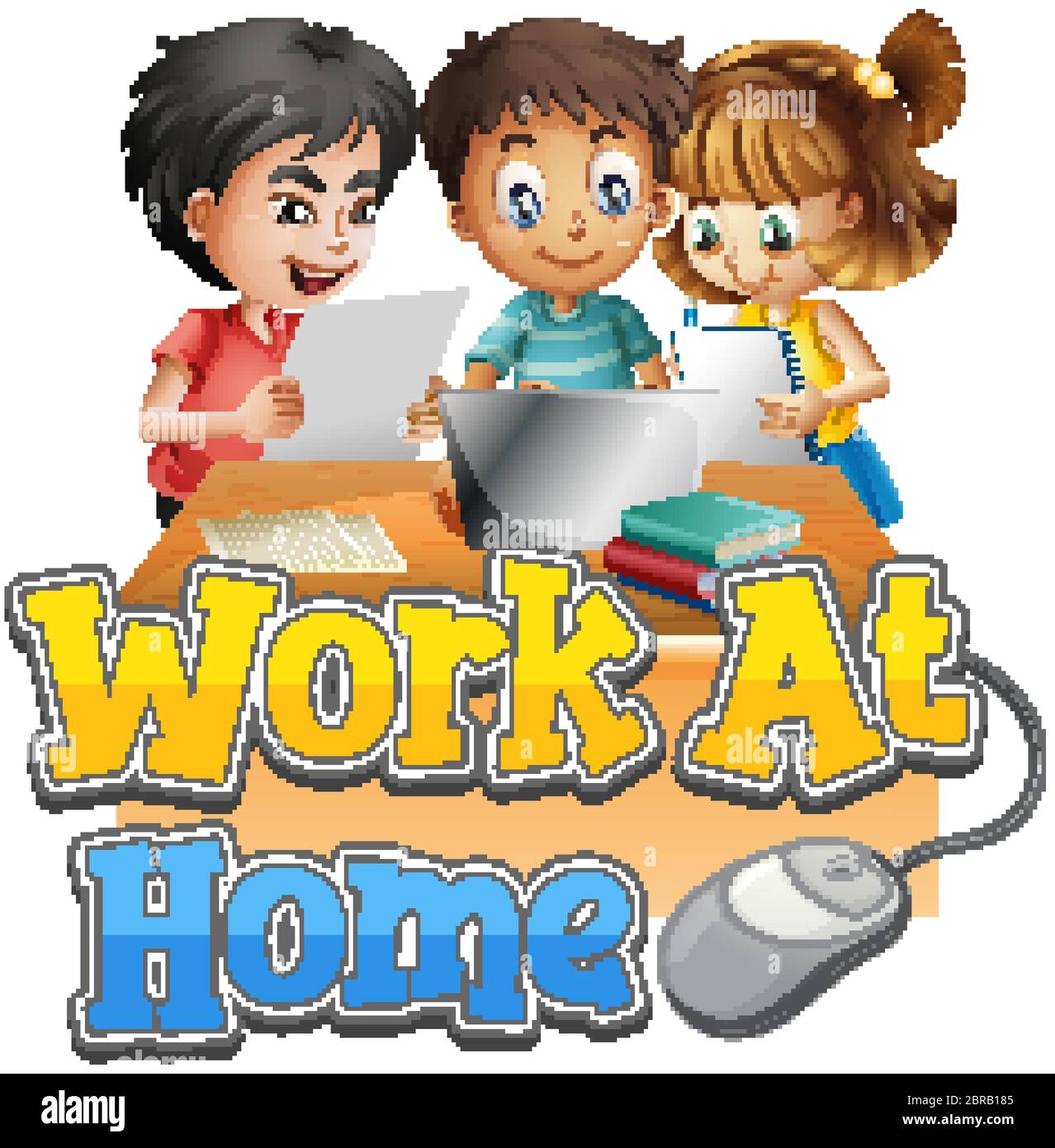 Font Design For Work From Home With Three Kids Doing Homework Illustration Stock Vector Image Art Alamy