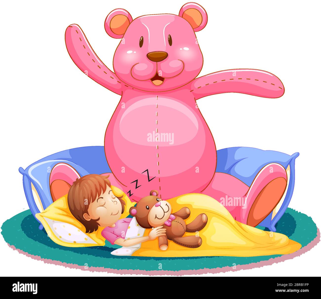 Little girl sleeping in bed with big teddy bear illustration Stock ...