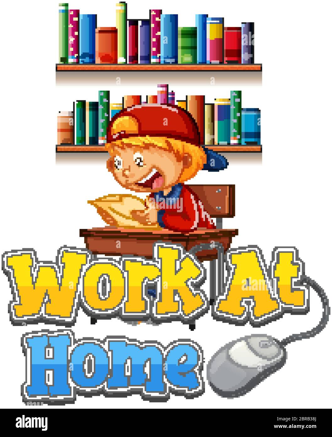 Font design for work from home with boy doing homework illustration ...
