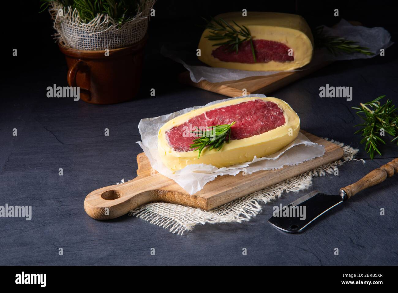 Steaks matured in butter refined with sea salt Stock Photo