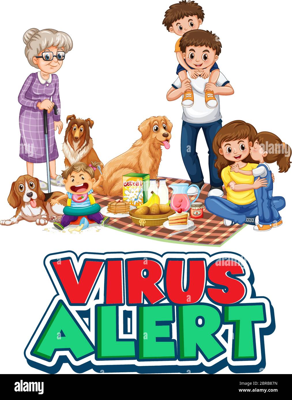 Virus alert word sign with family and dog on white background
