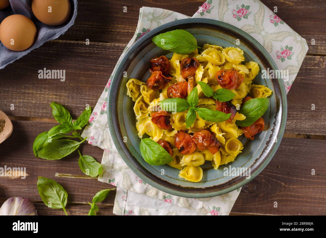 Tortellini with roasted vegetable and herbs, homemade pasta semolina ...