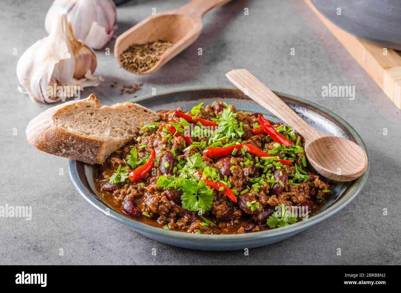Delicious chilli con carne, lots of fresh herbs inside and fresh chilli