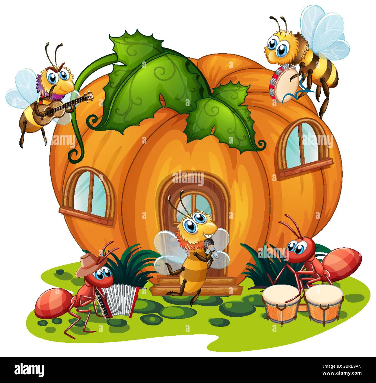 Insect playing music in front of pumpkin house illustration Stock ...