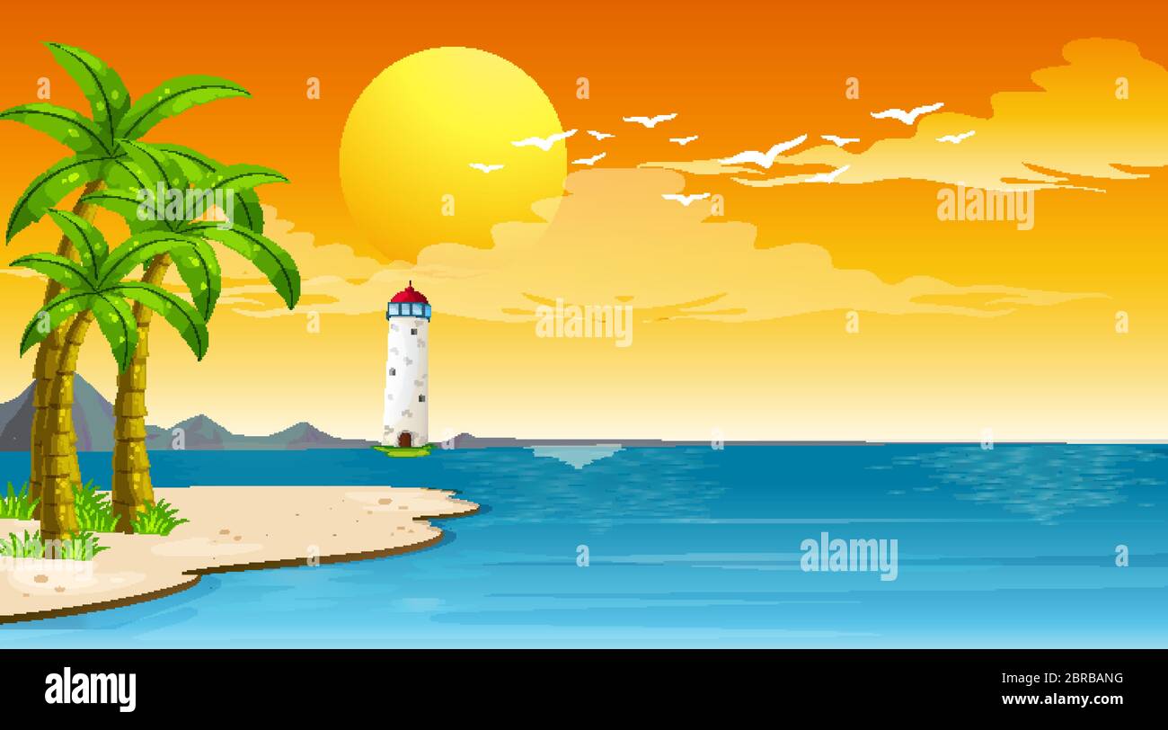 Scene with lighthouse and the sea at the sunset illustration Stock ...