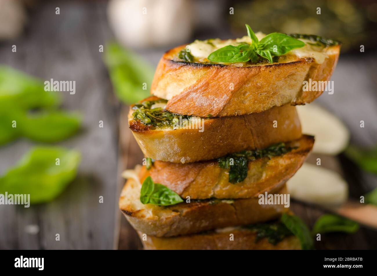 Garlic herbs toast with fresh mozzarella, food photography, vintage photography Stock Photo