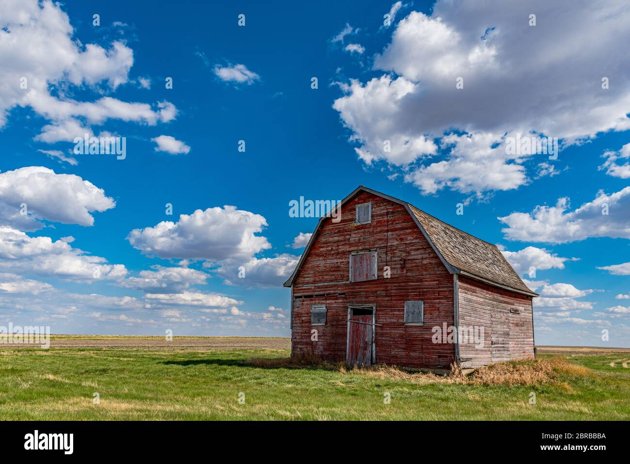 Vintage red barn on the prairies near White Bear, Saskatchewan Stock