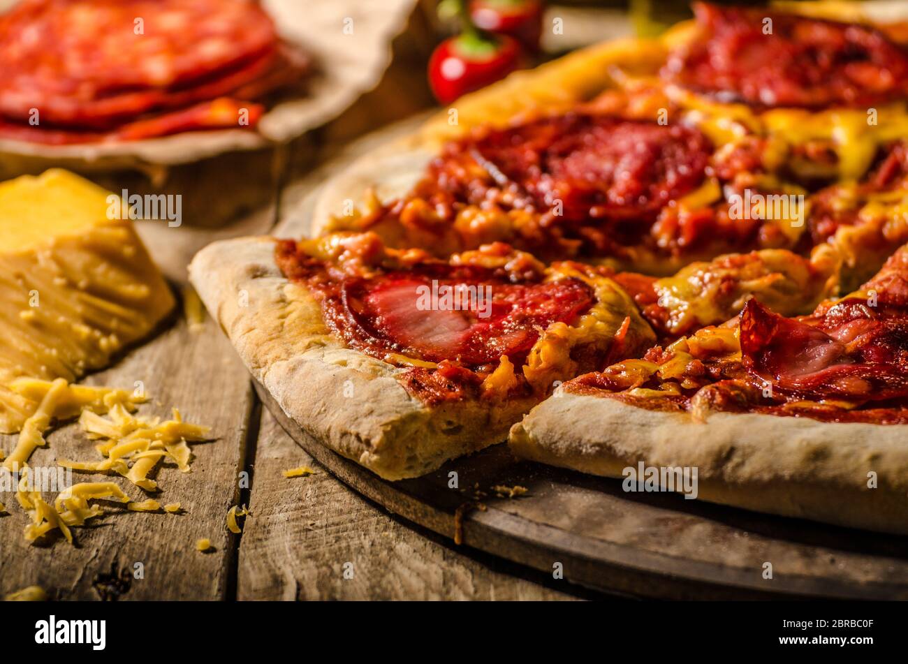 Rustic salami pizza with cheddar cheese and chorizo, delicious chorizo ...