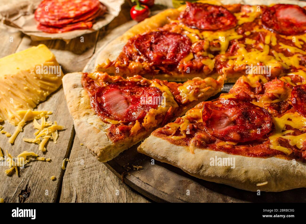 Rustic salami pizza with cheddar cheese and chorizo, delicious chorizo ...