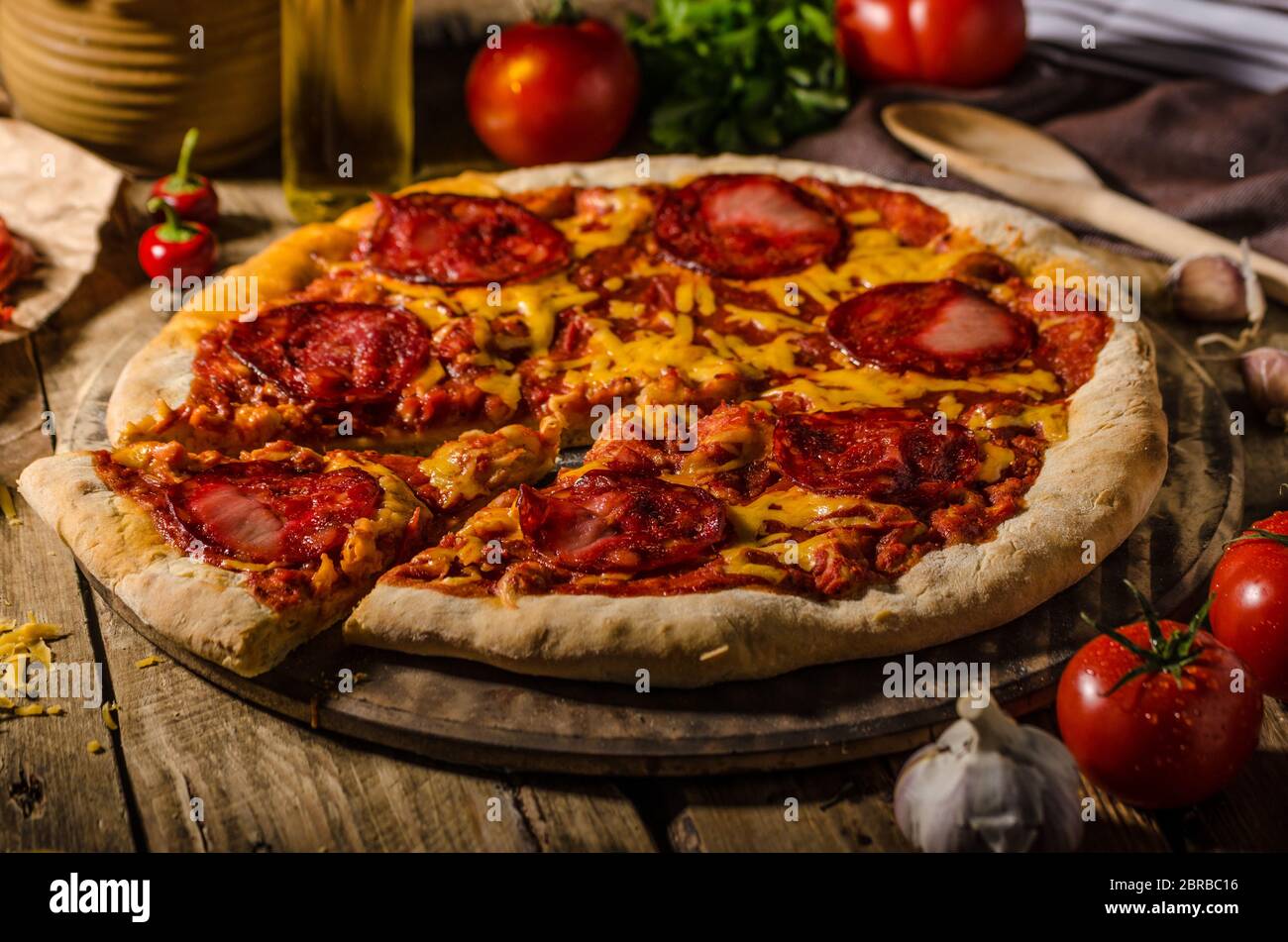 Rustic salami pizza with cheddar cheese and chorizo, delicious chorizo ...